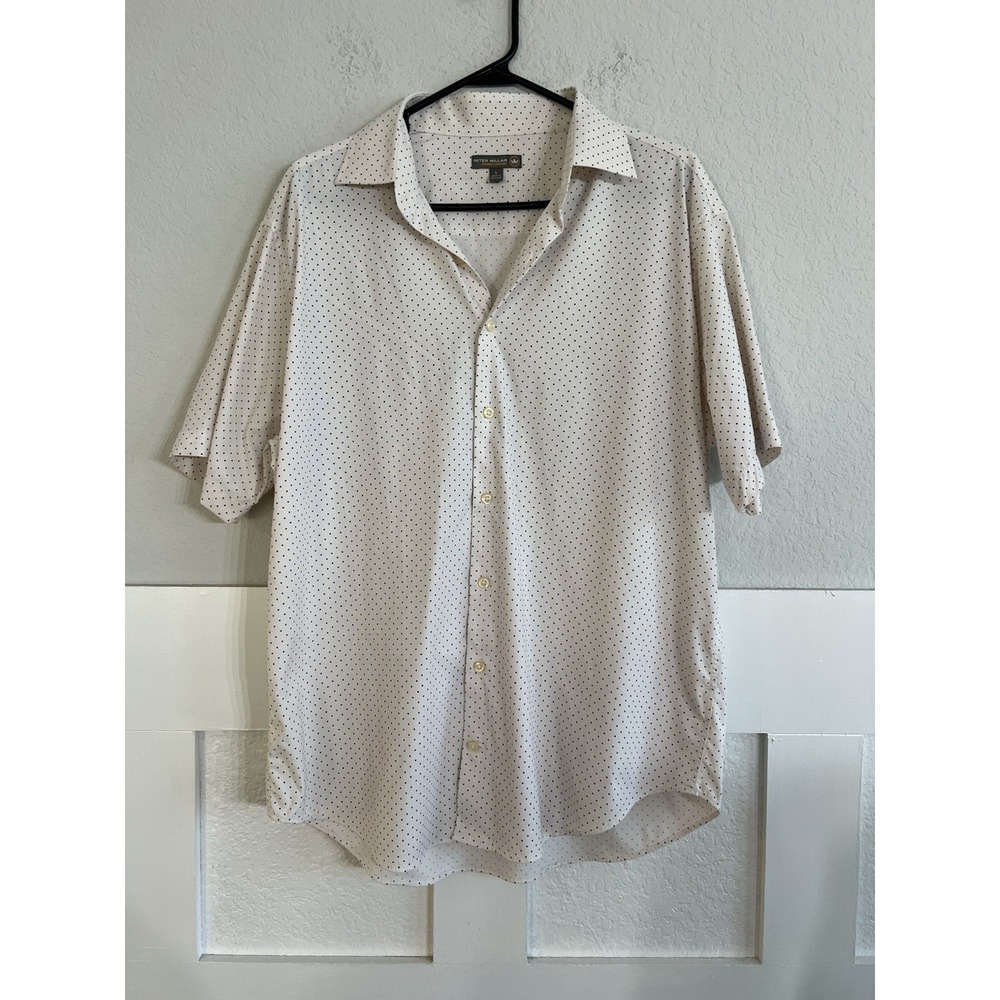 Peter Millar Summer Comfort Mens L Short Sleeve Button Up Ivory Black Polka Dot